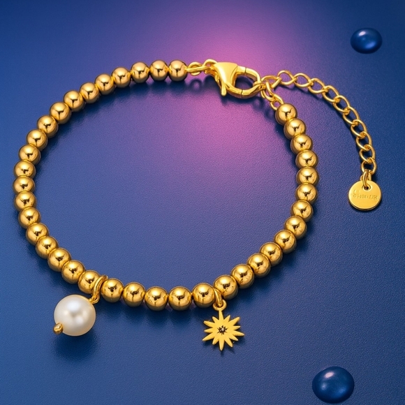๐๏ธ18K Gold Plated Stainless Steel Beaded Bracelet with Sun & Pearl Charms โจ - Picture 4 of 12